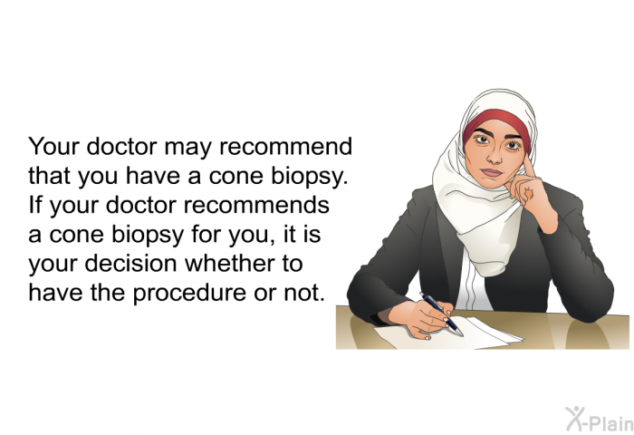 Your doctor may recommend that you have a cone biopsy. If your doctor recommends a cone biopsy for you, it is your decision whether to have the procedure or not.