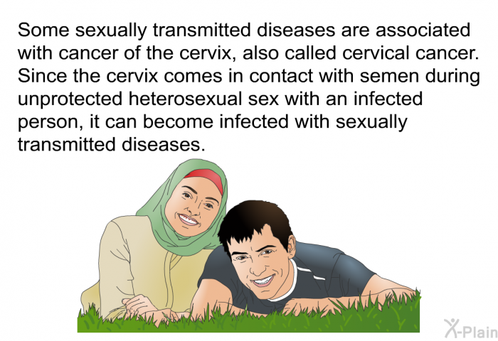 Some sexually transmitted diseases are associated with cancer of the cervix, also called cervical cancer. Since the cervix comes in contact with semen during unprotected heterosexual sex with an infected person, it can become infected with sexually transmitted diseases.