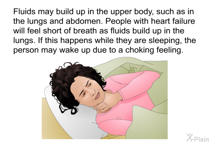 Fluids may build up in the upper body, such as in the lungs and abdomen. People with heart failure will feel short of breath as fluids build up in the lungs. If this happens while they are sleeping, the person may wake up due to a choking feeling.