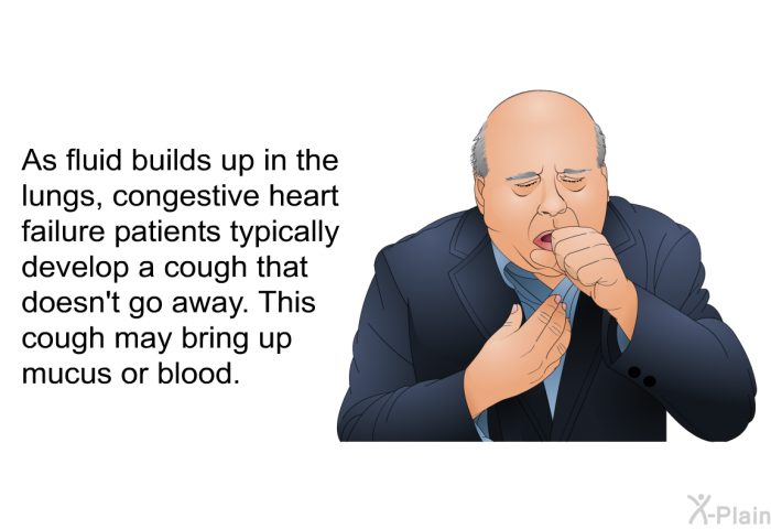 As fluid builds up in the lungs, congestive heart failure patients typically develop a cough that doesn't go away. This cough may bring up mucus or blood.
