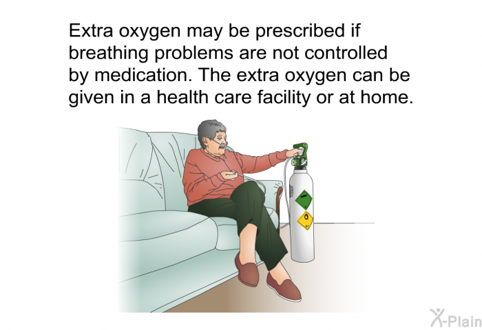 Extra oxygen may be prescribed if breathing problems are not controlled by medication. The extra oxygen can be given in a health care facility or at home.