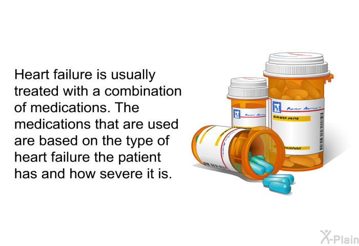 Heart failure is usually treated with a combination of medications. The medications that are used are based on the type of heart failure the patient has and how severe it is.