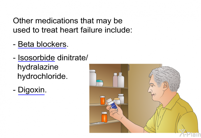 Other medications that may be used to treat heart failure include:  Beta blockers. Isosorbide dinitrate/hydralazine hydrochloride. Digoxin.