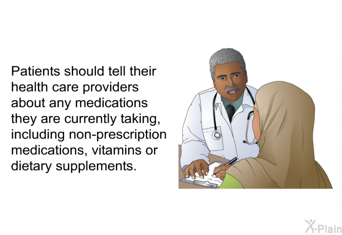 Patients should tell their health care providers about any medications they are currently taking, including non-prescription medications, vitamins or dietary supplements.