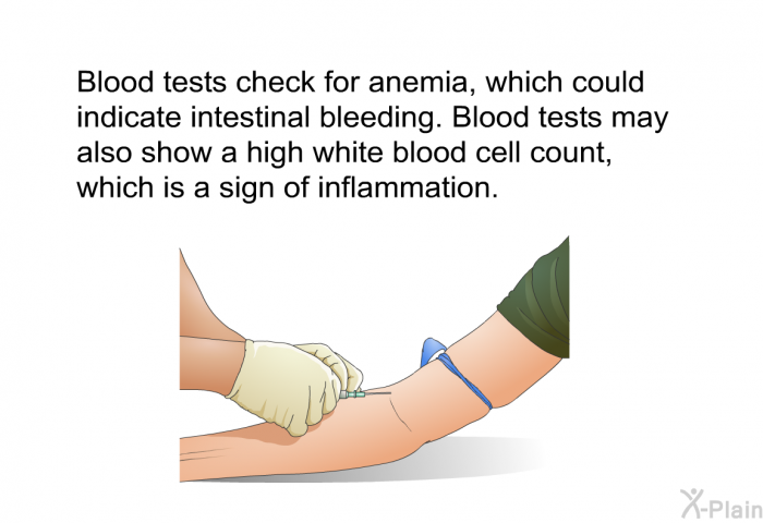 Blood tests check for anemia, which could indicate intestinal bleeding. Blood tests may also show a high white blood cell count, which is a sign of inflammation.