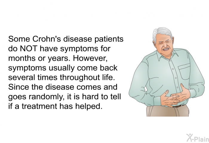 Some Crohn's disease patients do NOT have symptoms for months or years. However, symptoms usually come back several times throughout life. Since the disease comes and goes randomly, it is hard to tell if a treatment has helped.