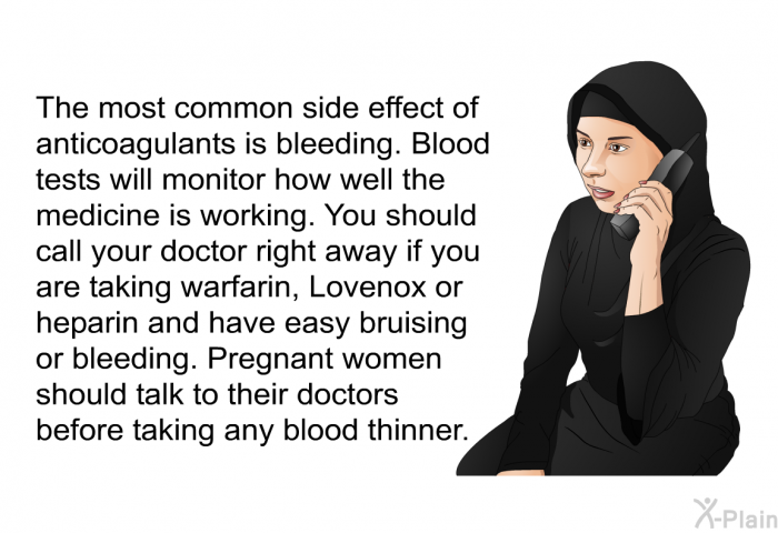 The most common side effect of anticoagulants is bleeding. Blood tests will monitor how well the medicine is working. You should call your doctor right away if you are taking warfarin, Lovenox or heparin and have easy bruising or bleeding. Pregnant women should talk to their doctors before taking any blood thinner.