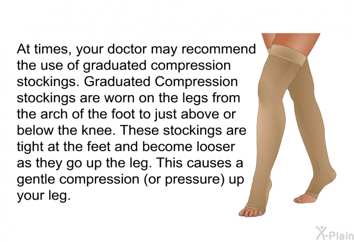 At times, your doctor may recommend the use of graduated compression stockings. Graduated Compression stockings are worn on the legs from the arch of the foot to just above or below the knee. These stockings are tight at the feet and become looser as they go up the leg. This causes a gentle compression (or pressure) up your leg.