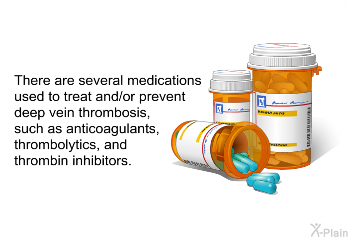 There are several medications used to treat and/or prevent deep vein thrombosis, such as anticoagulants, thrombolytics, and thrombin inhibitors.