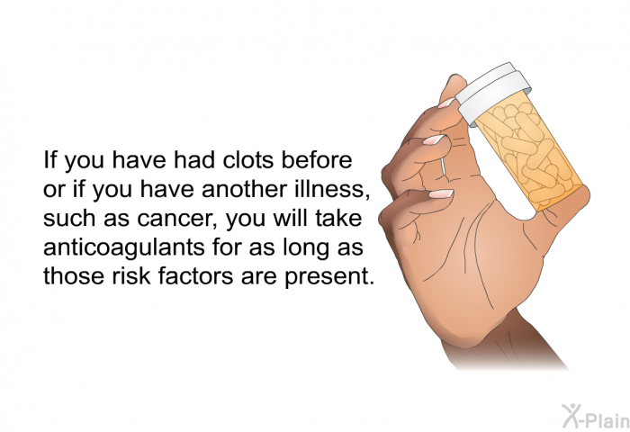 If you have had clots before or if you have another illness, such as cancer, you will take anticoagulants for as long as those risk factors are present.