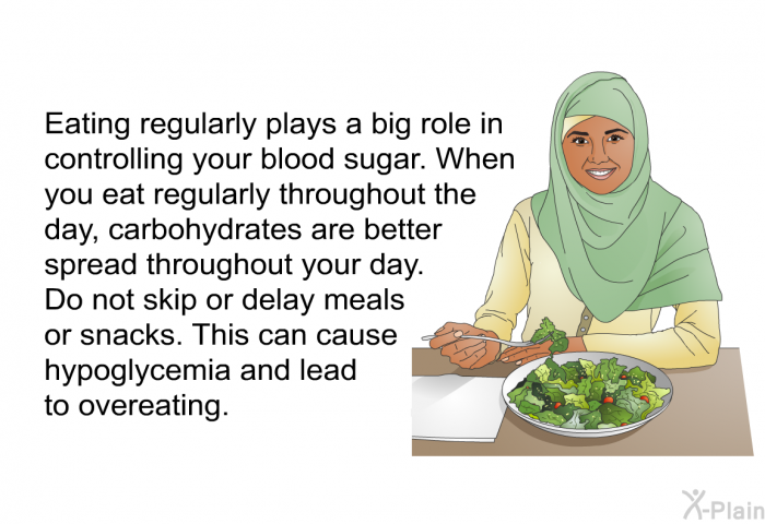 Eating regularly plays a big role in controlling your blood sugar. When you eat regularly throughout the day, carbohydrates are better spread throughout your day. Do not skip or delay meals or snacks. This can cause hypoglycemia and lead to overeating.