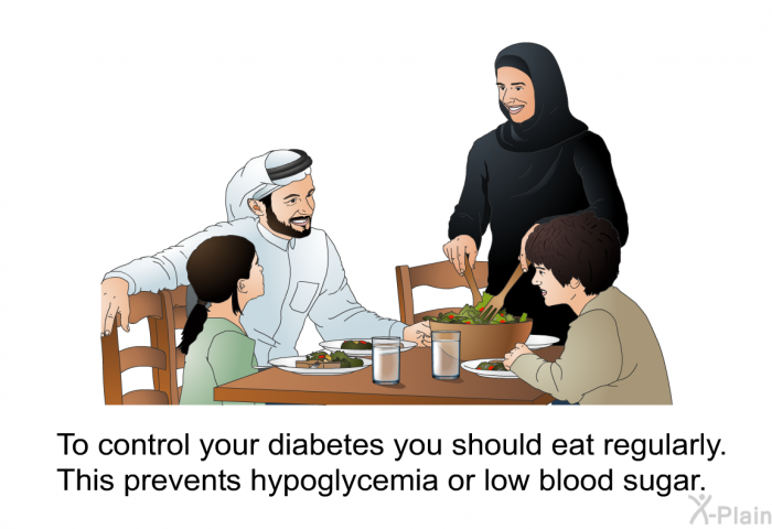 To control your diabetes you should eat regularly. This prevents hypoglycemia or low blood sugar.