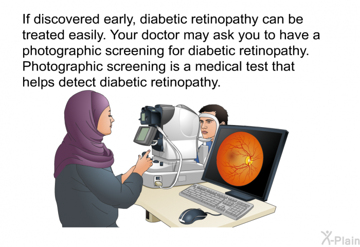 If discovered early, diabetic retinopathy can be treated easily. Your doctor may ask you to have a photographic screening for diabetic retinopathy. Photographic screening is a medical test that helps detect diabetic retinopathy.