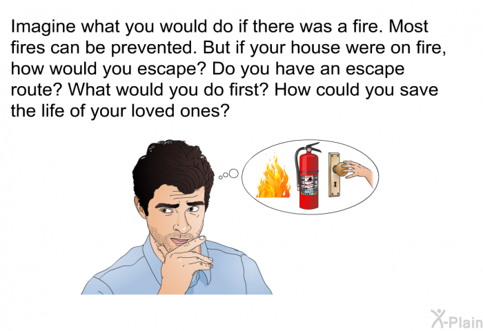 Imagine what you would do if there was a fire. Most fires can be prevented. But if your house were on fire, how would you escape? Do you have an escape route? What would you do first? How could you save the life of your loved ones?