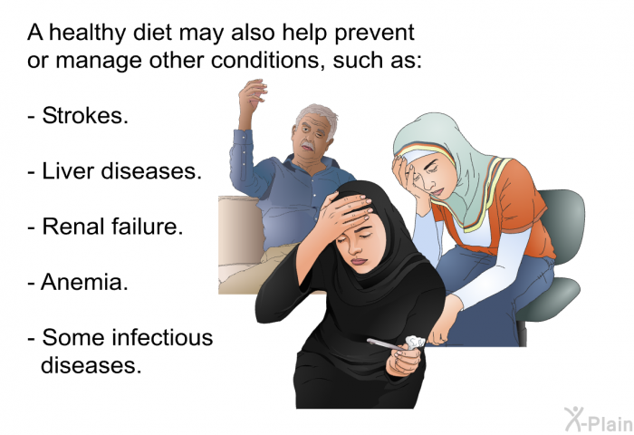 A healthy diet may also help prevent or manage other conditions, such as:  Strokes. Liver diseases. Renal failure. Anemia. Some infectious diseases.