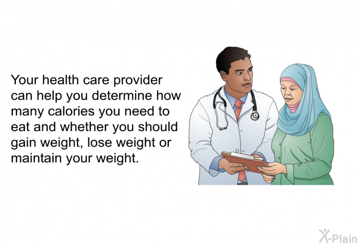 Your health care provider can help you determine how many calories you need to eat and whether you should gain weight, lose weight or maintain your weight.