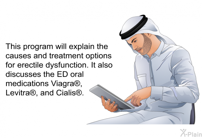 This health information will explain the causes and treatment options for erectile dysfunction. It also discusses the ED oral medications Viagra , Levitra , and Cialis .