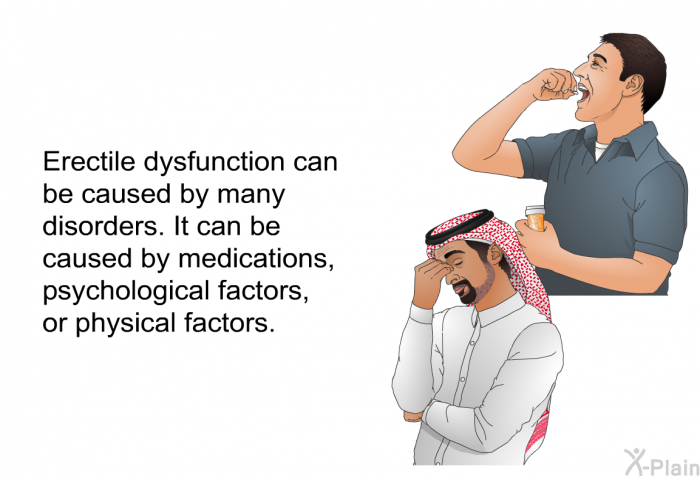 Erectile dysfunction can be caused by many disorders. It can be caused by medications, psychological factors, or physical factors.