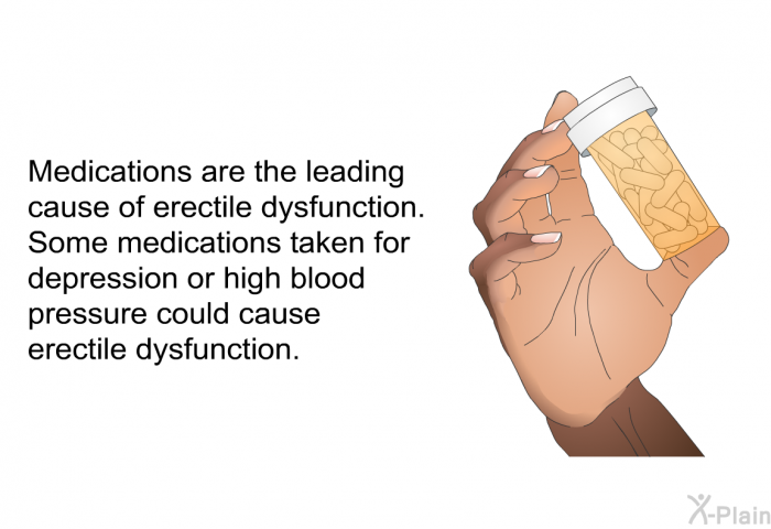 Medications are the leading cause of erectile dysfunction. Some medications taken for depression or high blood. pressure could cause erectile dysfunction