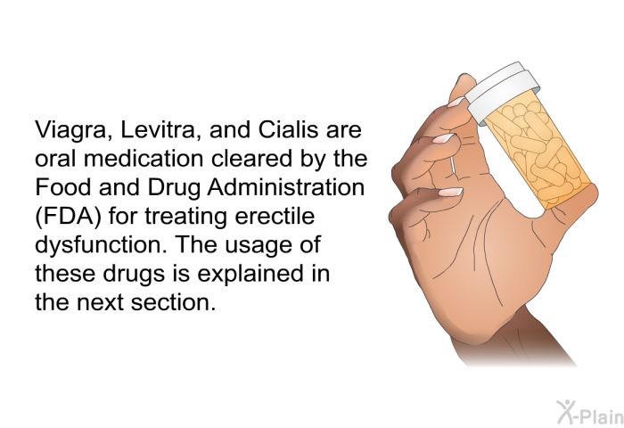 Viagra, Levitra, and Cialis are oral medication cleared by the Food and Drug Administration (FDA) for treating erectile dysfunction. The usage of these drugs is explained in the next section.