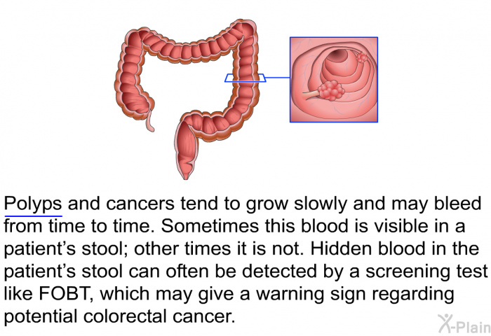 Polyps and cancers tend to grow slowly and may bleed from time to time. Sometimes this blood is visible in a patient's stool; other times it is not. Hidden blood in the patient's stool can often be detected by a screening test like FOBT, which may give a warning sign regarding potential colorectal cancer.