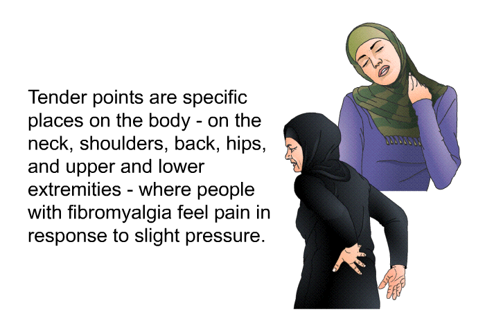 Tender points are specific places on the body—on the neck, shoulders, back, hips, and upper and lower extremities—where people with fibromyalgia feel pain in response to slight pressure.