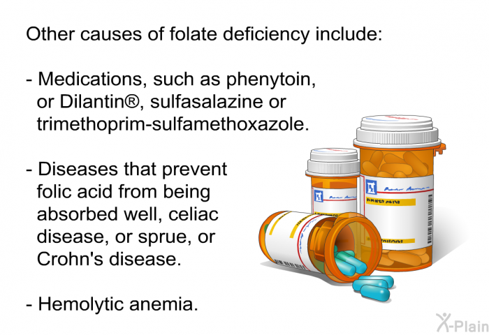 Other causes of folate deficiency include:  Medications, such as phenytoin, or Dilantin , sulfasalazine, or trimethoprim-sulfamethoxazole. Diseases that prevent folic acid from being absorbed well, celiac disease, or sprue, or Crohn's disease. Hemolytic anemia.
