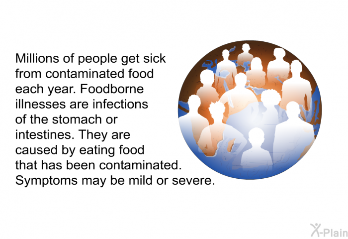 Millions of people get sick from contaminated food each year. Foodborne illnesses are infections of the stomach or intestines. They are caused by eating food that has been contaminated. Symptoms may be mild or severe.