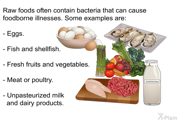 Raw foods often contain bacteria that can cause foodborne illnesses. Some examples are:  Eggs. Fish and shellfish. Fresh fruits and vegetables. Meat or poultry. Unpasteurized milk and dairy products.