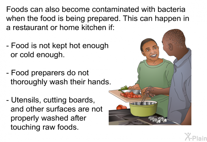 Foods can also become contaminated with bacteria when the food is being prepared. This can happen in a restaurant or home kitchen if:  Food is not kept hot enough or cold enough. Food preparers do not thoroughly wash their hands. Utensils, cutting boards, and other surfaces are not properly washed after touching raw foods.