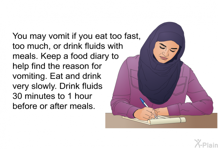 You may vomit if you eat too fast, too much, or drink fluids with meals. Keep a food diary to help find the reason for vomiting. Eat and drink very slowly. Drink fluids 30 minutes to 1 hour before or after meals.