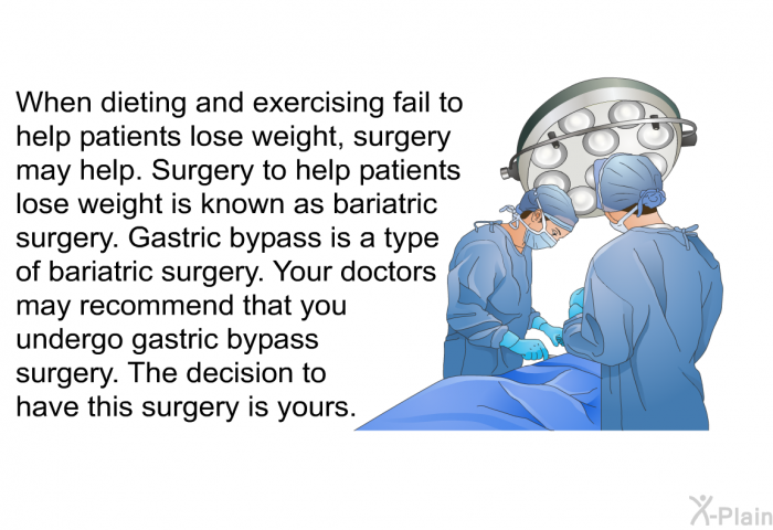 When dieting and exercising fail to help patients lose weight, surgery may help. Surgery to help patients lose weight is known as bariatric surgery. Gastric bypass is a type of bariatric surgery. Your doctors may recommend that you undergo gastric bypass surgery. The decision to have this surgery is yours.