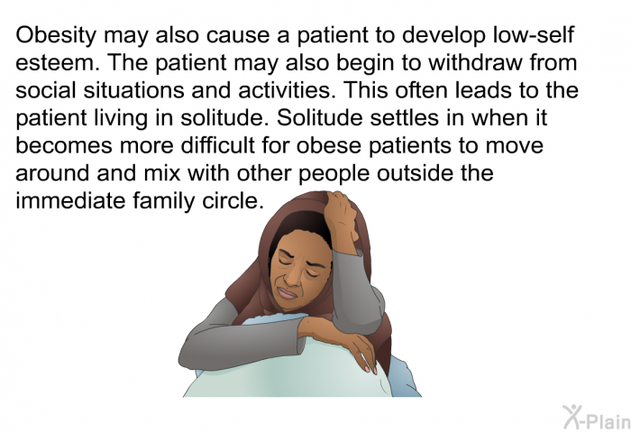 Obesity may also cause a patient to develop low-self esteem. The patient may also begin to withdraw from social situations and activities. This often leads to the patient living in solitude. Solitude settles in when it becomes more difficult for obese patients to move around and mix with other people outside the immediate family circle.