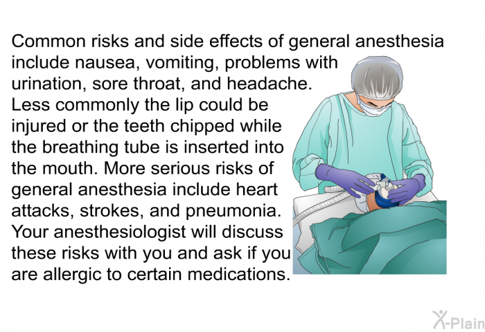 Common risks and side effects of general anesthesia include nausea, vomiting, problems with urination, sore throat, and headache. Less commonly the lip could be injured or the teeth chipped while the breathing tube is inserted into the mouth. More serious risks of general anesthesia include heart attacks, strokes, and pneumonia.Your anesthesiologist will discuss these risks with you and ask if you are allergic to certain medications.