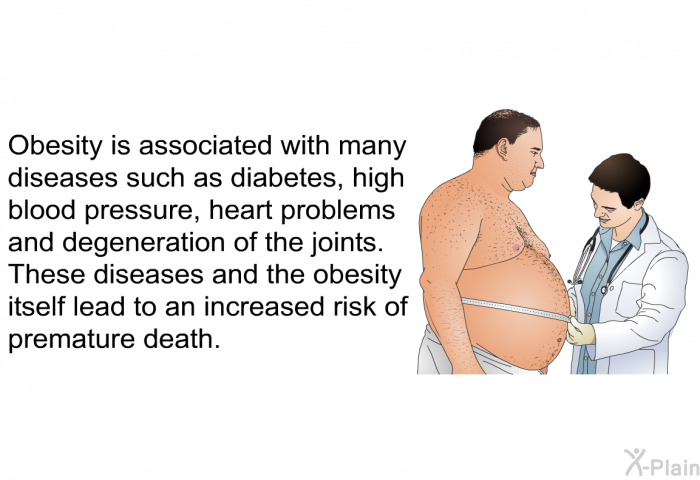Obesity is associated with many diseases such as diabetes, high blood pressure, heart problems and degeneration of the joints. These diseases and the obesity itself lead to an increased risk of premature death.