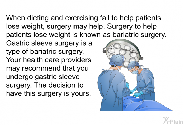 When dieting and exercising fail to help patients lose weight, surgery may help. Surgery to help patients lose weight is known as bariatric surgery. Gastric sleeve surgery is a type of bariatric surgery. Your health care providers may recommend that you undergo gastric sleeve surgery. The decision to have this surgery is yours.