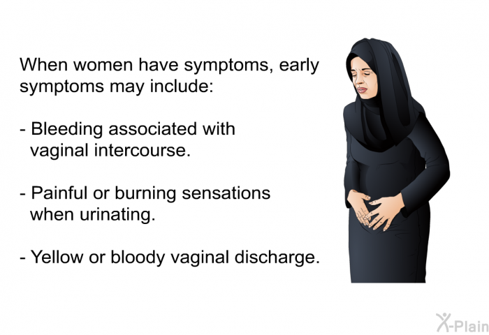 When women have symptoms, early symptoms may include:  Bleeding associated with vaginal intercourse. Painful or burning sensations when urinating. Yellow or bloody vaginal discharge.