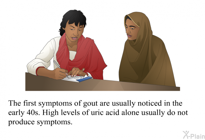 The first symptoms of gout are usually noticed in the early 40s. High levels of uric acid alone usually do not produce symptoms.