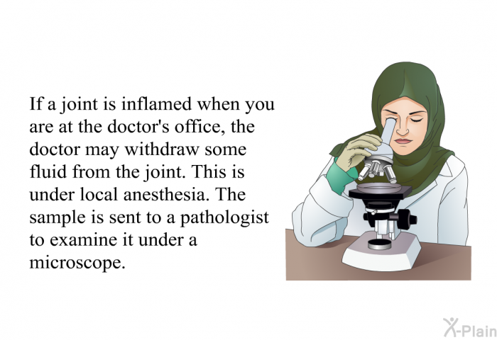 If a joint is inflamed when you are at the doctor's office, the doctor may withdraw some fluid from the joint. This is done under local anesthesia. The sample is sent to a pathologist to examine it under a microscope.