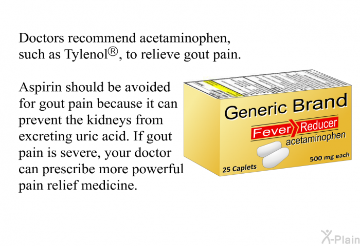 Doctors recommend acetaminophen, such as Tylenol, to relieve gout pain. Aspirin should be avoided for gout pain because it can prevent the kidneys from excreting uric acid. If gout pain is severe, your doctor can prescribe more powerful pain relief medicine.