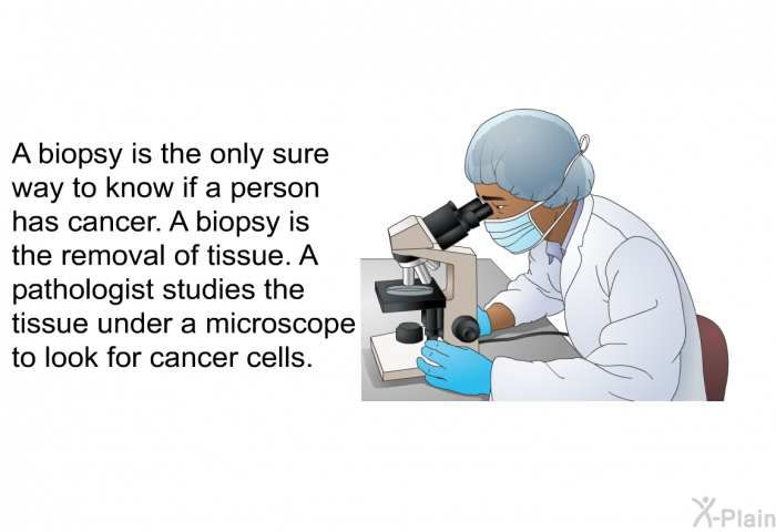 A biopsy is the only sure way to know if a person has cancer. A biopsy is the removal of tissue. A pathologist studies the tissue under a microscope to look for cancer cells.