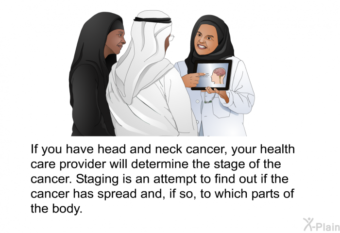 If you have head and neck cancer, your health care provider will determine the stage of the cancer. Staging is an attempt to find out if the cancer has spread and, if so, to which parts of the body.