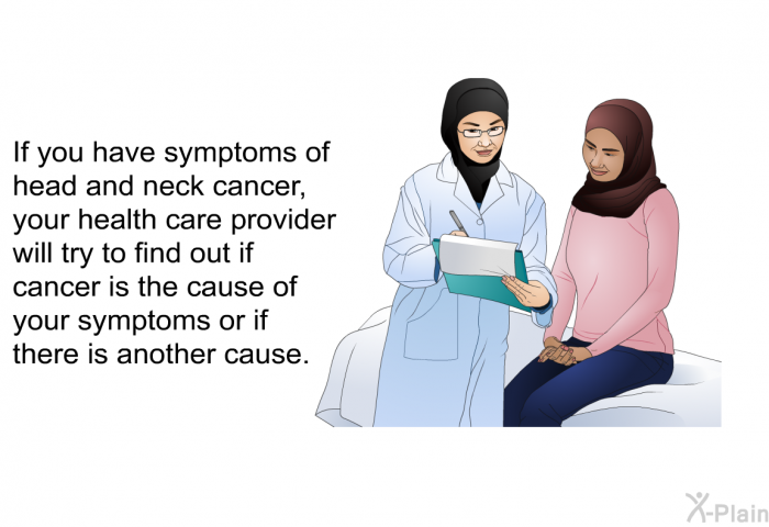 If you have symptoms of head and neck cancer, your health care provider will try to find out if cancer is the cause of your symptoms or if there is another cause.