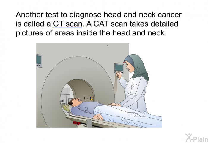 Another test to diagnose head and neck cancer is called a CT scan. A CAT scan takes detailed pictures of areas inside the head and neck