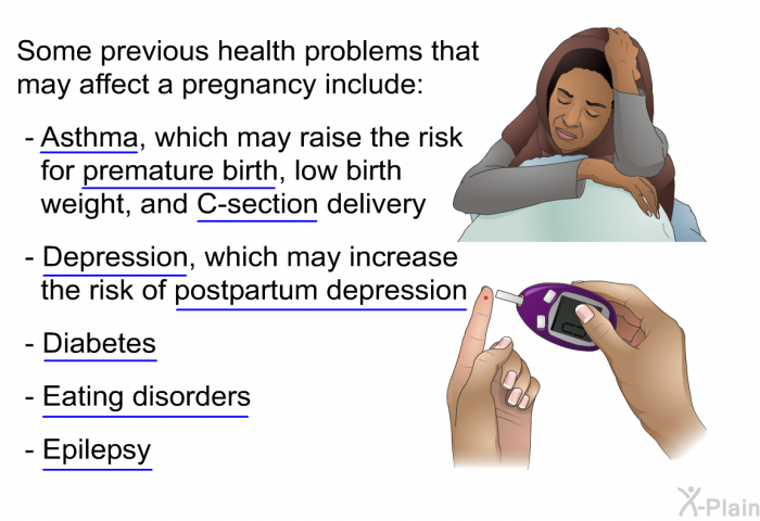 Some previous health problems that may affect a pregnancy include:  Asthma, which may raise the risk for premature birth, low birth weight, and C-section delivery Depression, which may increase the risk of postpartum depression Diabetes Eating disorders Epilepsy