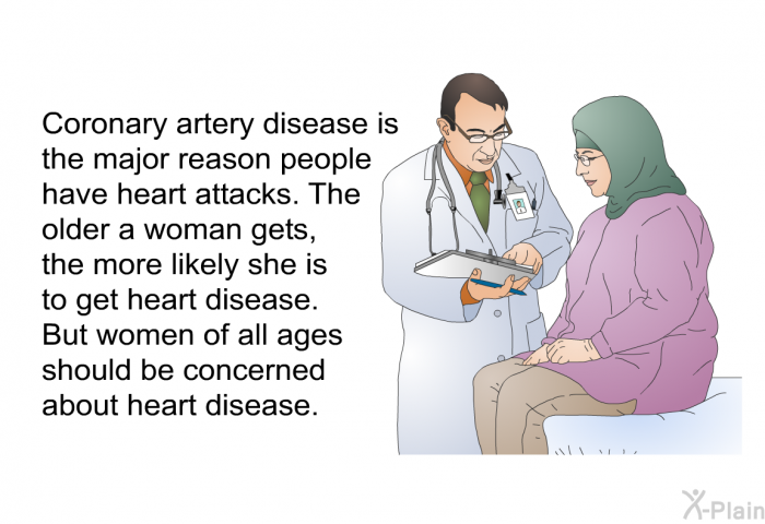 Coronary artery disease is the major reason people have heart attacks. The older a woman gets, the more likely she is to get heart disease. But women of all ages should be concerned about heart disease.