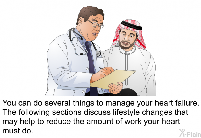 You can do several things to manage your heart failure. The following sections discuss lifestyle changes that may help to reduce the amount of work your heart must do.