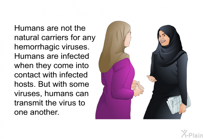 Humans are not the natural carriers for any hemorrhagic viruses. Humans are infected when they come into contact with infected hosts. But with some viruses, humans can transmit the virus to one another.