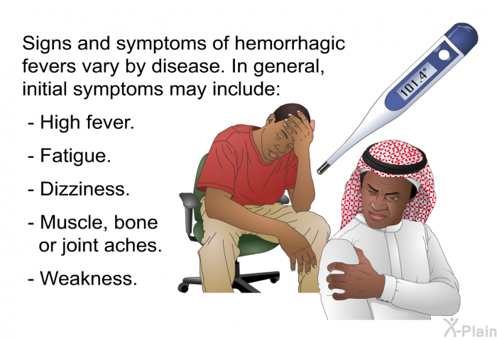 Signs and symptoms of hemorrhagic fevers vary by disease. In general, initial symptoms may include:  High fever. Fatigue. Dizziness. Muscle, bone or joint aches. Weakness.