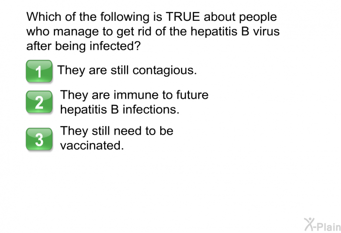 Which of the following is TRUE about people who manage to get rid of the hepatitis B virus after being infected?  They are still contagious. They are immune to future hepatitis B infections. They still need to be vaccinated.